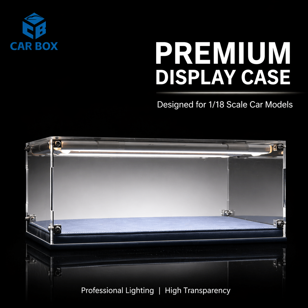 1:18 Scale Universal Car Model Display Case, Remote Control LED Lighting & Premium Leather Base