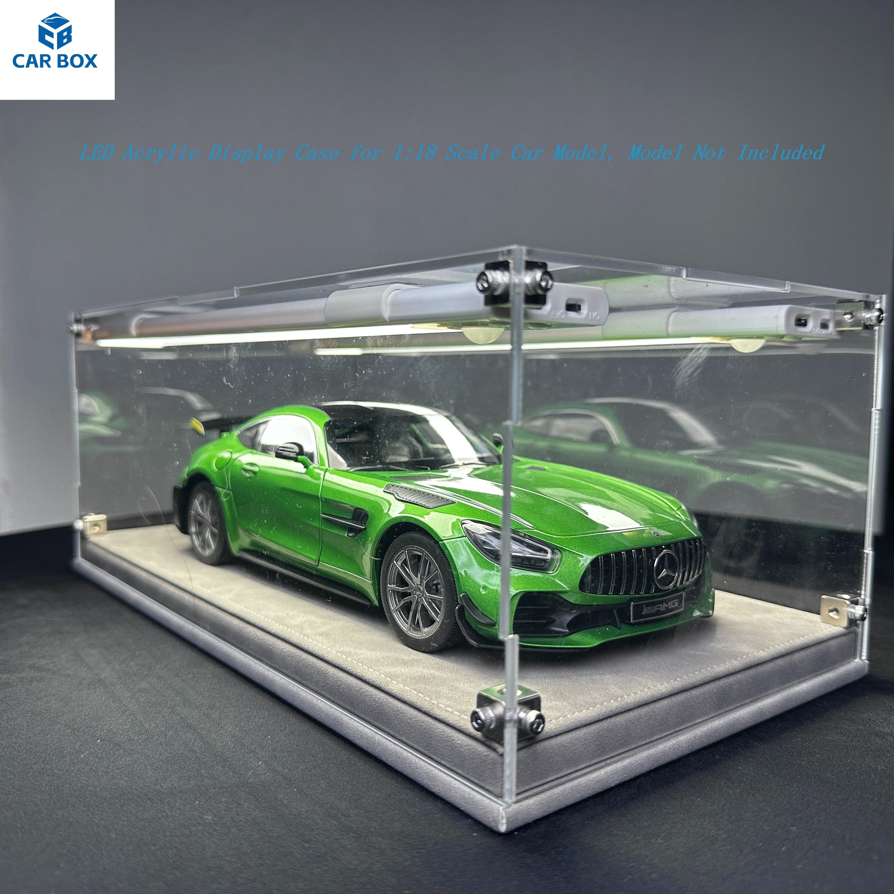 1:18 Scale Universal Car Model Display Case, Remote Control LED Lighting & Premium Leather Base