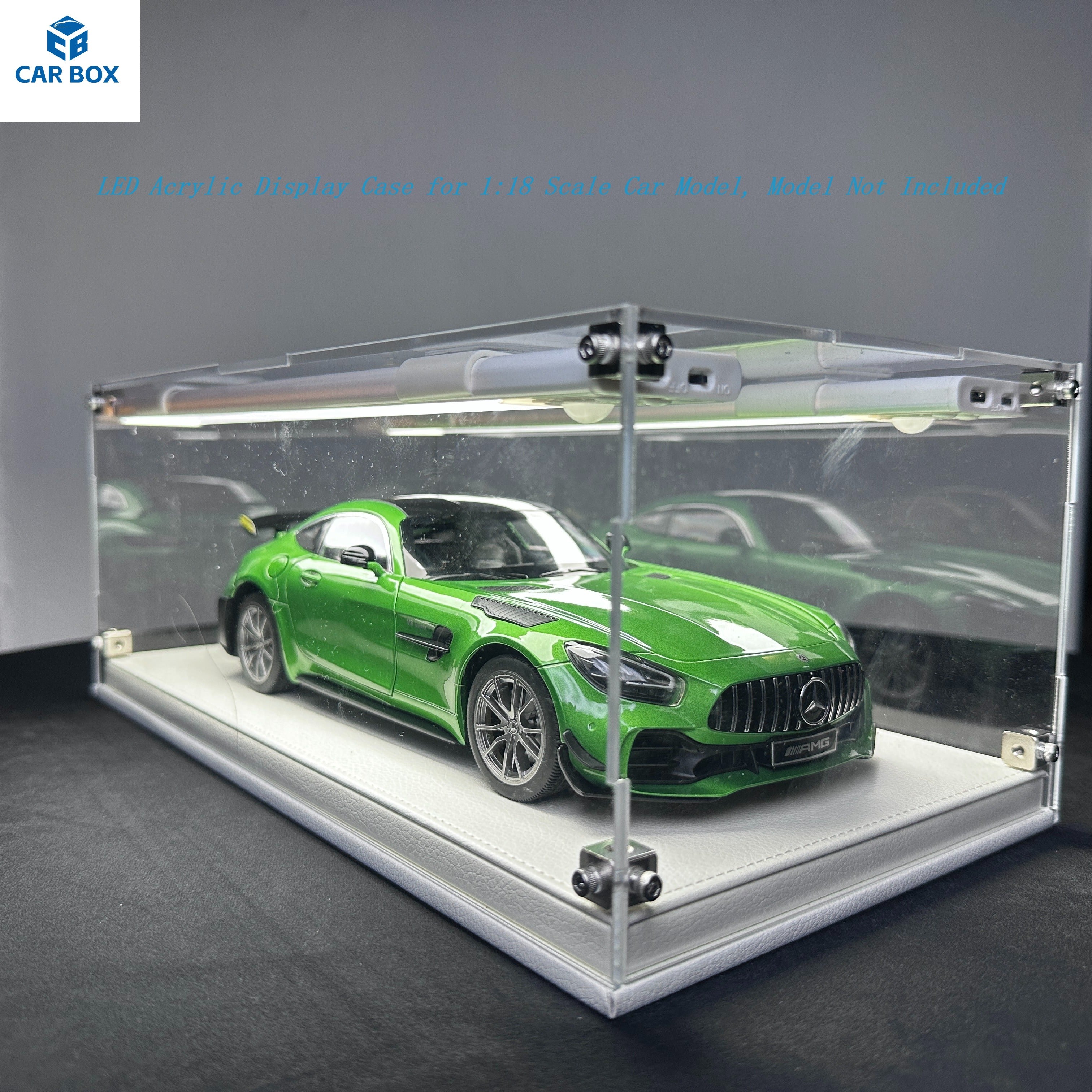 1:18 Scale Universal Car Model Display Case, Remote Control LED Lighting & Premium Leather Base