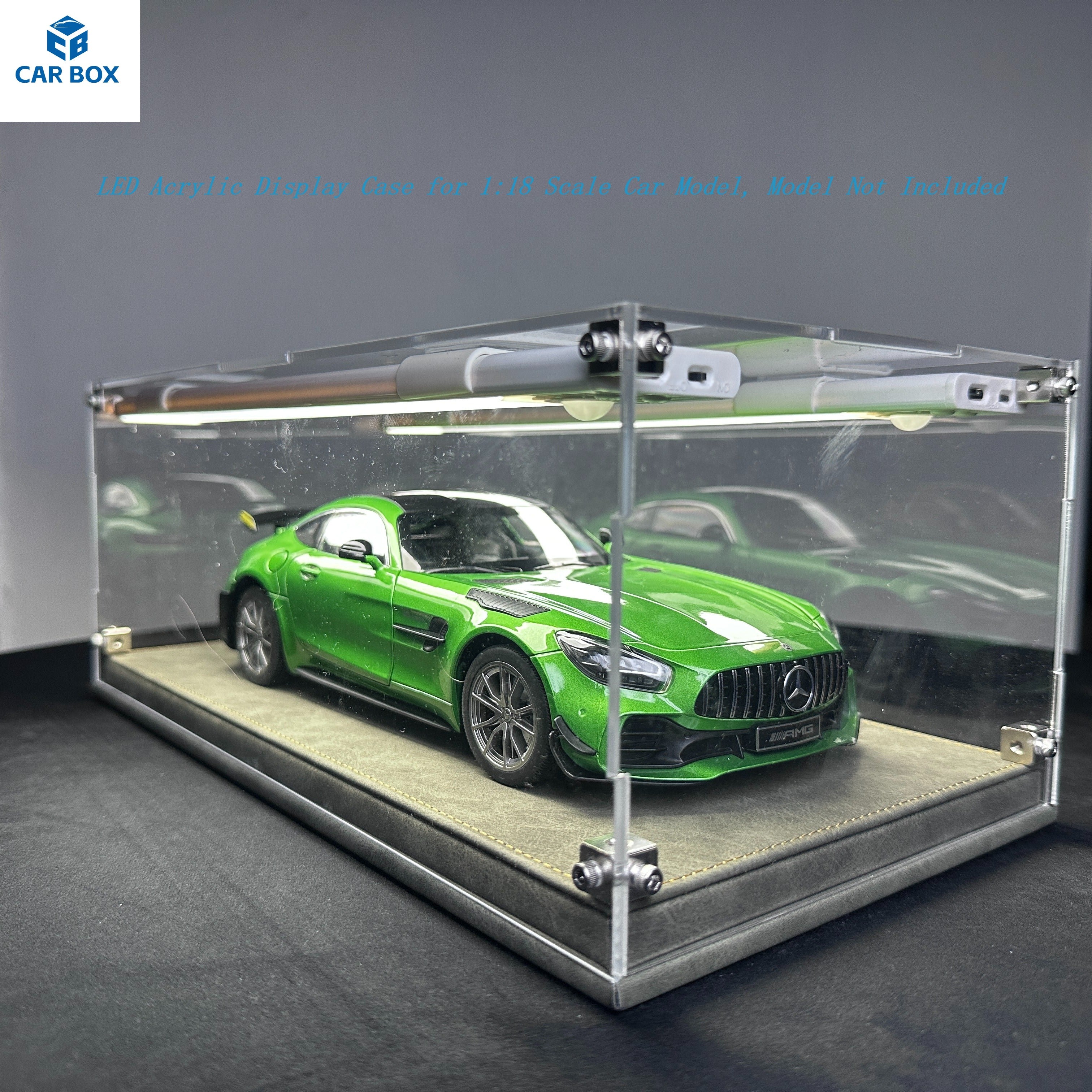 1:18 Scale Universal Car Model Display Case, Remote Control LED Lighting & Premium Leather Base