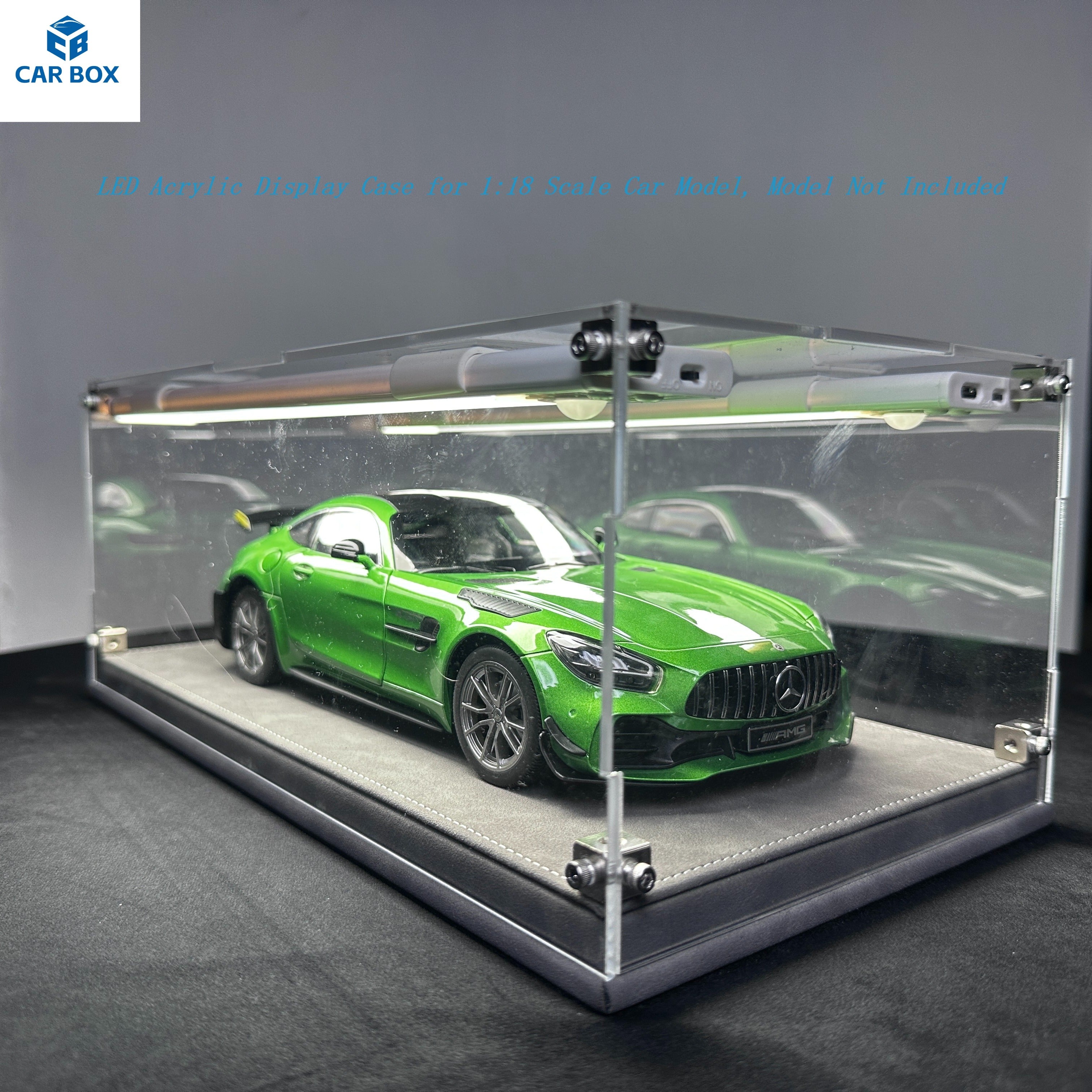 1:18 Scale Universal Car Model Display Case, Remote Control LED Lighting & Premium Leather Base