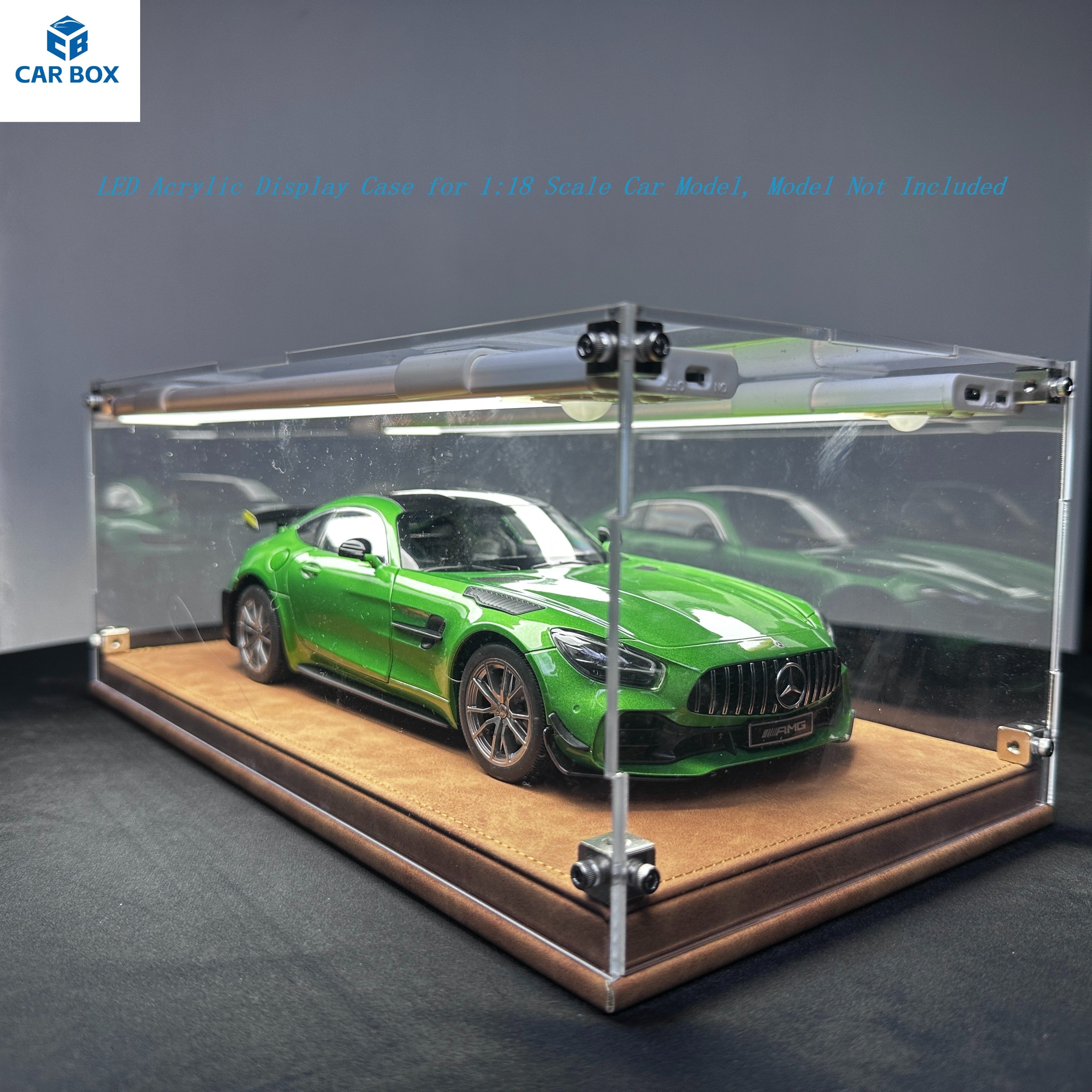 1:18 Scale Universal Car Model Display Case, Remote Control LED Lighting & Premium Leather Base