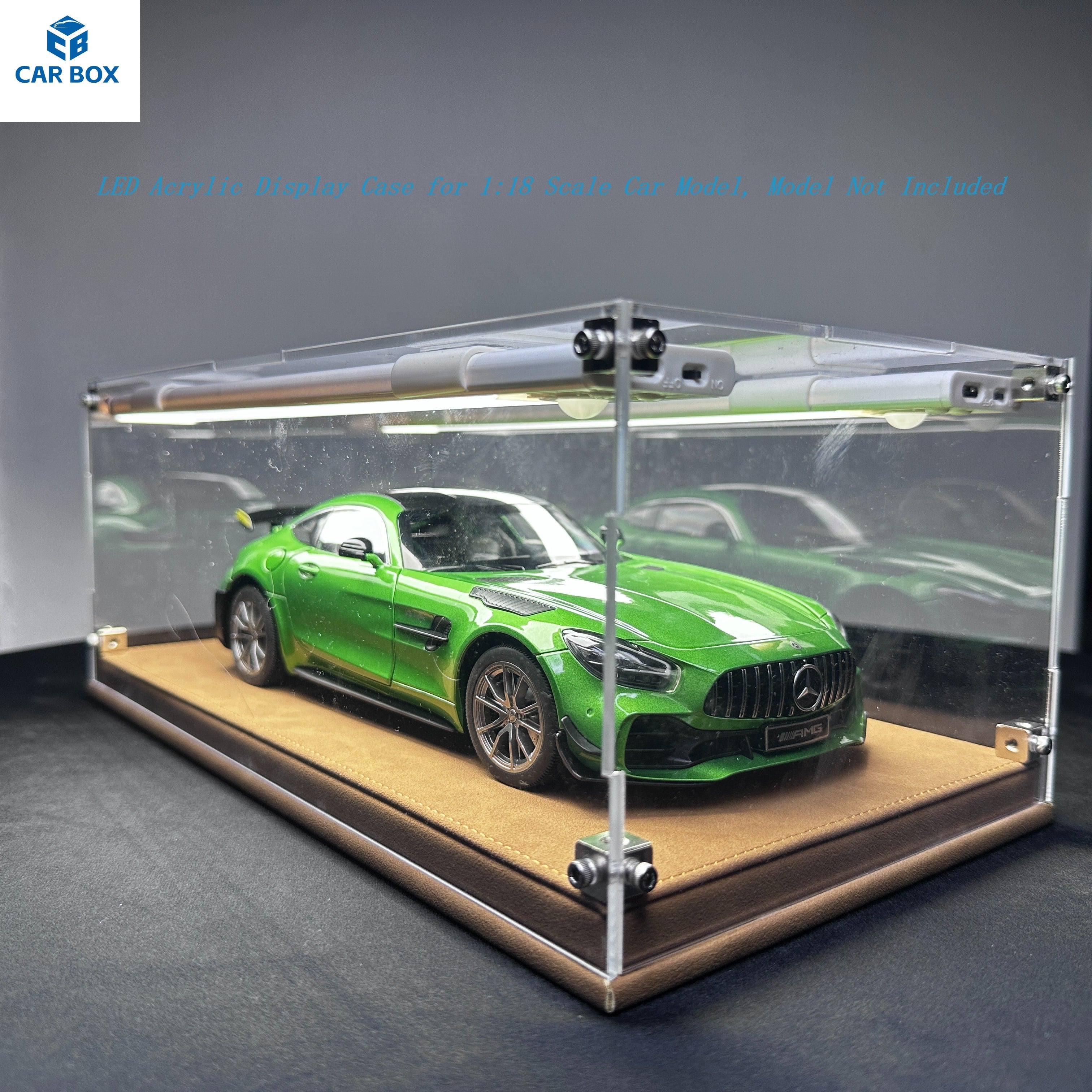 1:18 Scale Universal Car Model Display Case, Remote Control LED Lighting & Premium Leather Base
