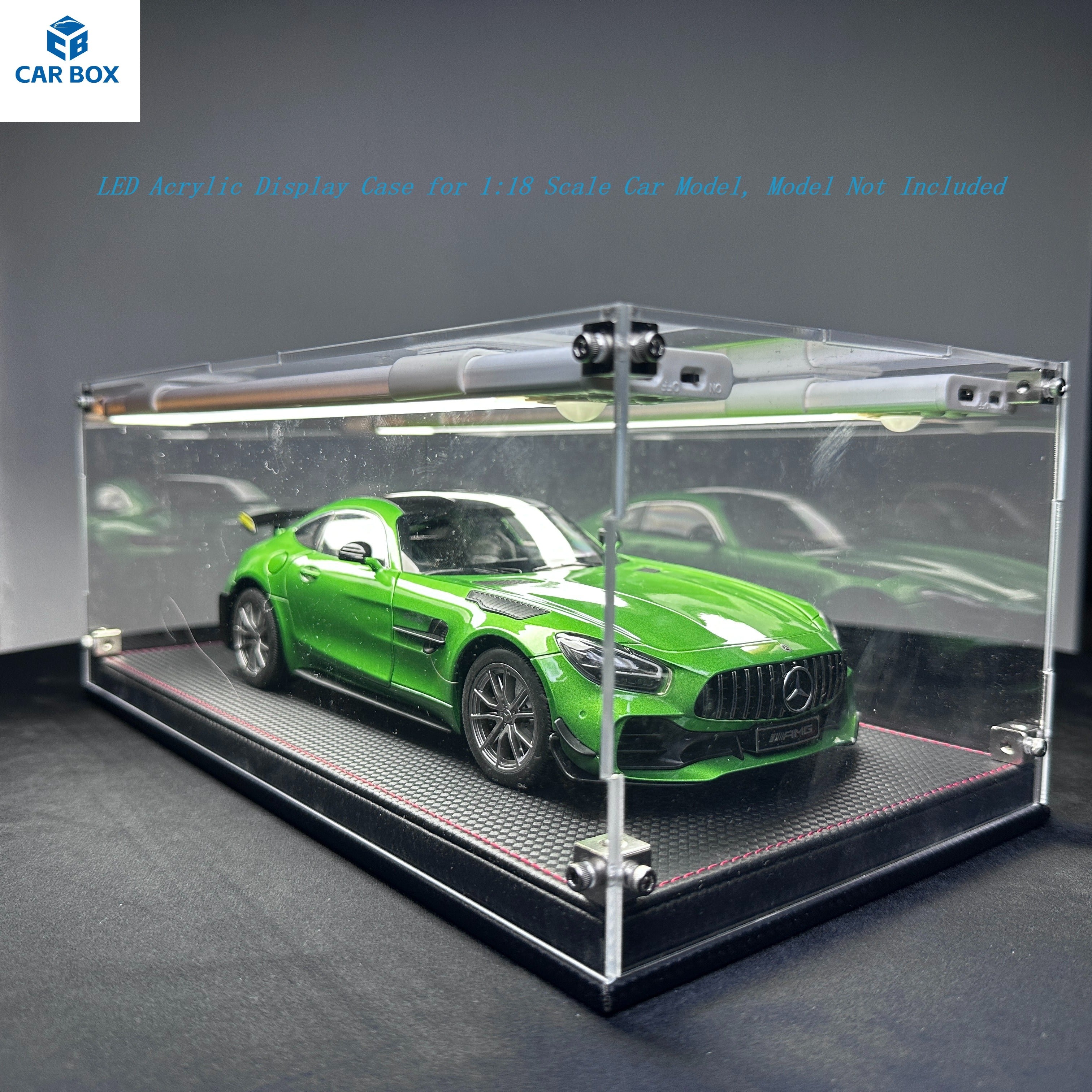 1:18 Scale Universal Car Model Display Case, Remote Control LED Lighting & Premium Leather Base