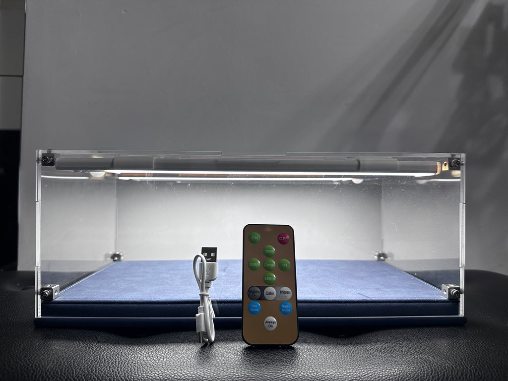 1:18 Scale Universal Car Model Display Case, Remote Control LED Lighting & Premium Leather Base